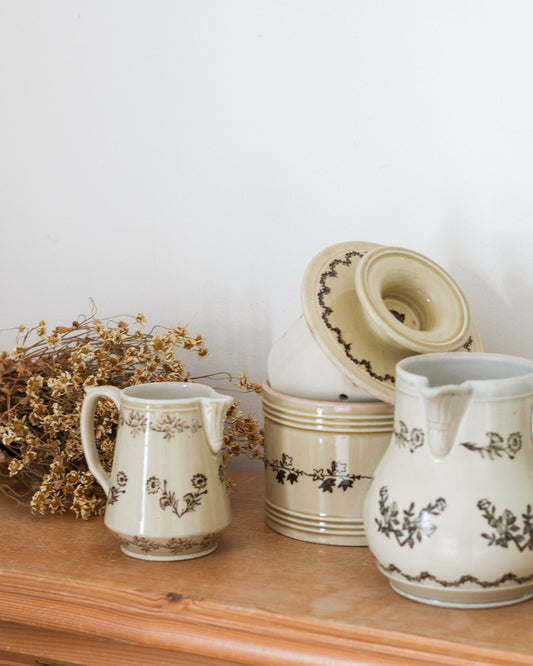 Antique French Saint-Uze Pottery | Butter Bell, SEL Salt Pot & Floral Pitchers