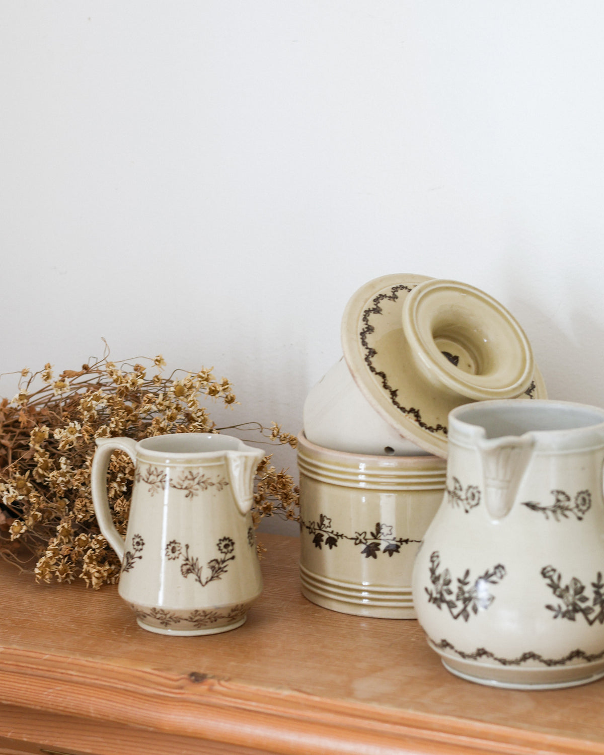 Antique French Saint-Uze Pottery | Butter Bell, SEL Salt Pot & Floral Pitchers