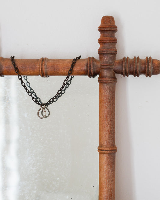 Antique French Faux Bamboo Wood Mirror with Chain