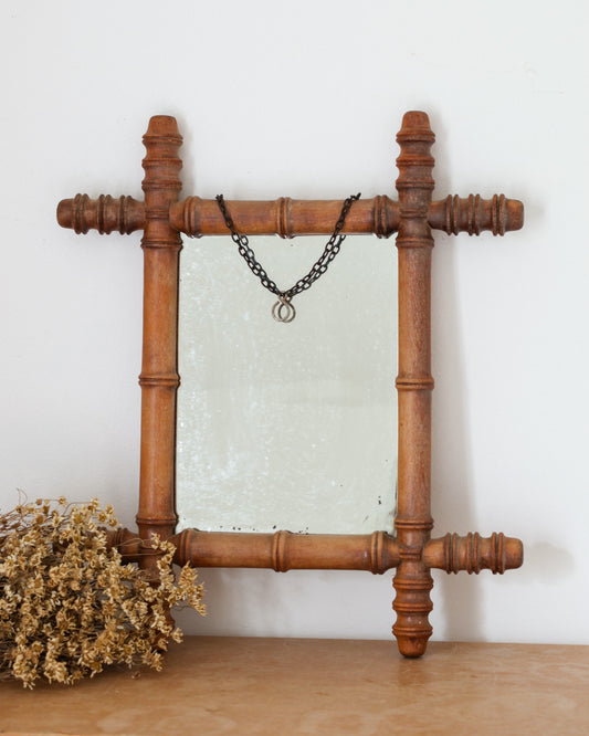 Antique French Faux Bamboo Wood Mirror with Chain