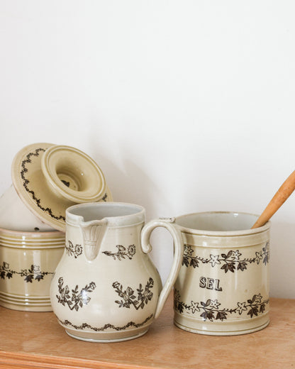 Antique French Saint-Uze Pottery | Butter Bell, SEL Salt Pot & Floral Pitchers